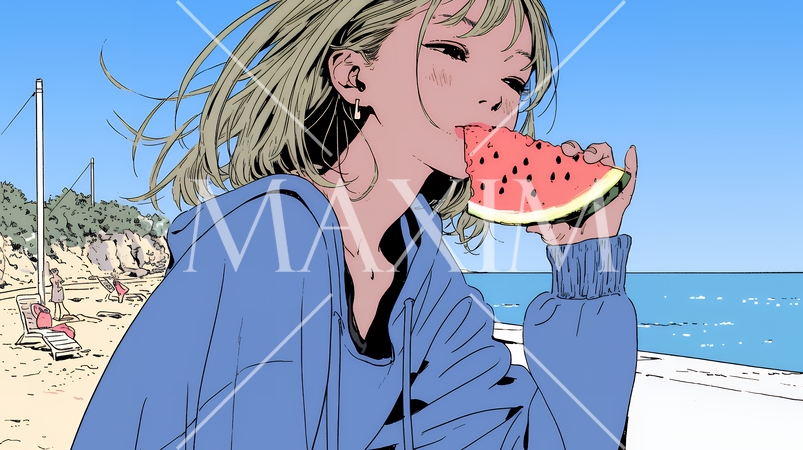 スイカを海辺て食べている若い女性