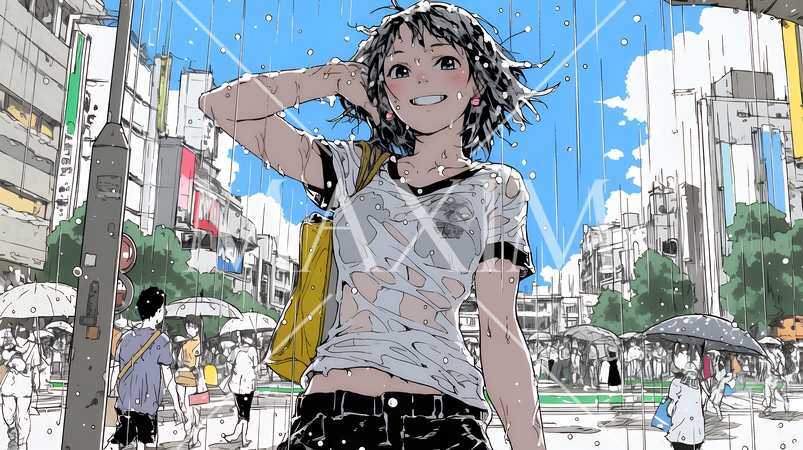 夏の急な雨でびしょ濡れの若い女性