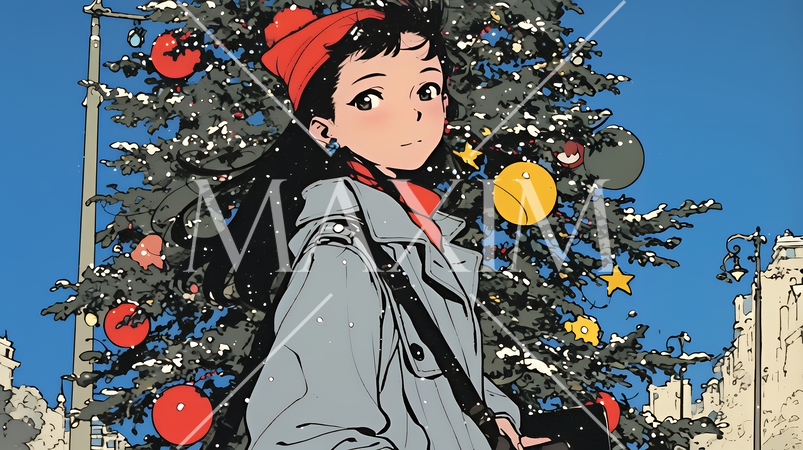 ホワイトクリスマスの街を歩く若い女性