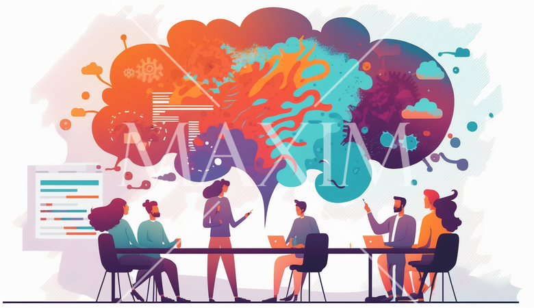 会議とブレインストーミング：人々が会議室で議論し、アイデアを出し合う場面。