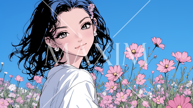 コスモス畑にいる若い女性