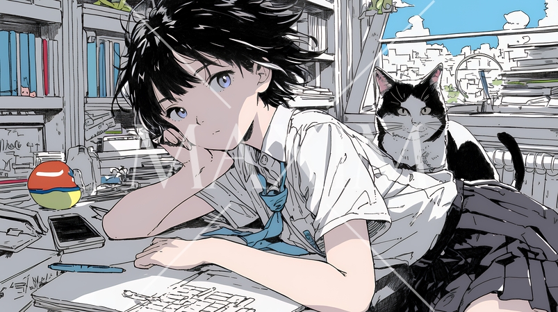 制服姿の女子高生：自宅で勉強中