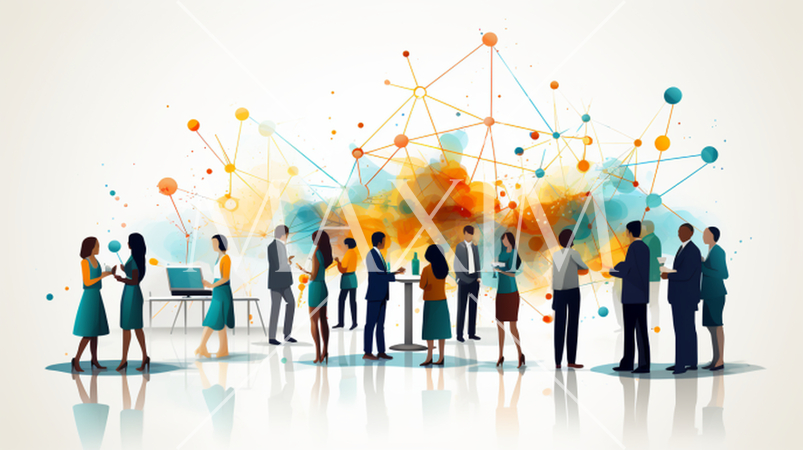 ネットワークビジネスパーソンがオフ会（リアル会合）で交流する場面。