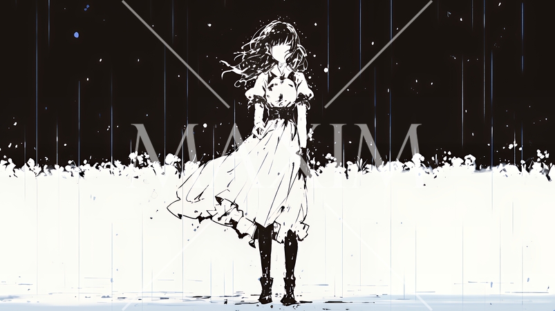 夏の急な雨でびしょ濡れの若い女性（シンプルな色使い）