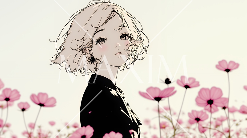 コスモス畑にいる若い女性（シンプルな色使い）