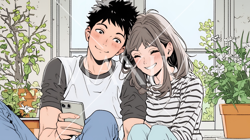 幸せそうに一緒にスマホを見る若いカップル