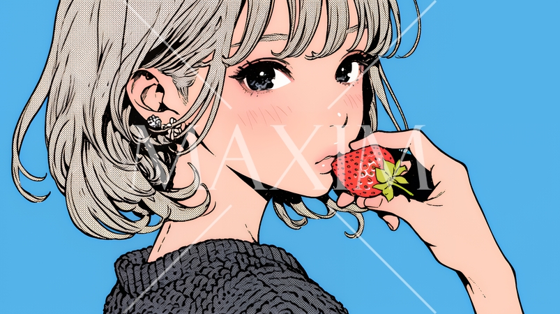 イチゴを摘んで食べている若い女性