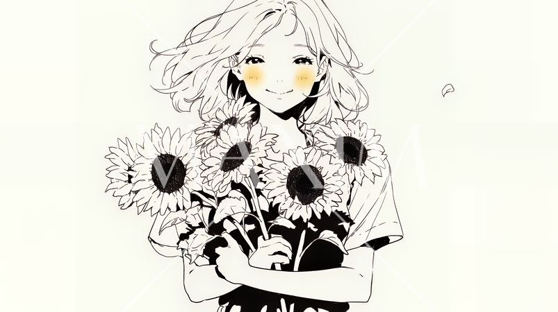 ひまわりと女性（シンプルな色使い）