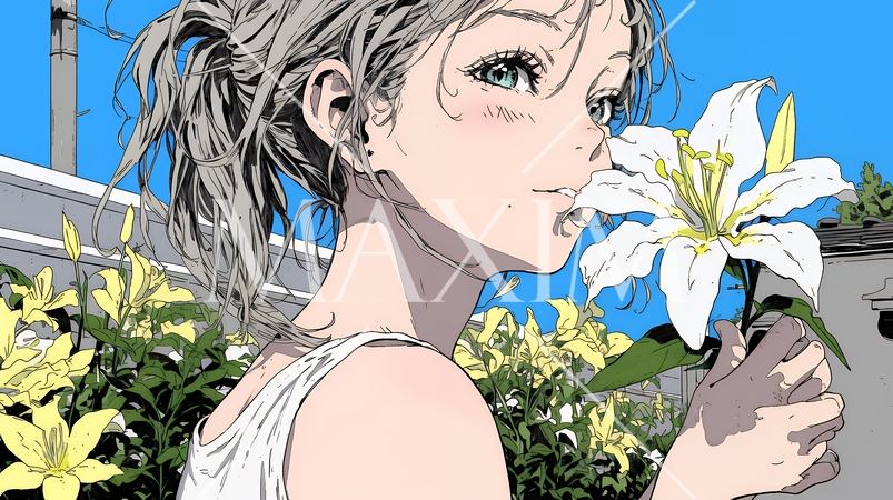 ユリの花と若い女性