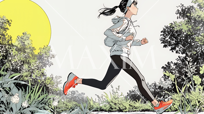 夕日を背景にジョギングをする若い女性