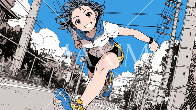 夏の青空の下、全力で走る若い女性