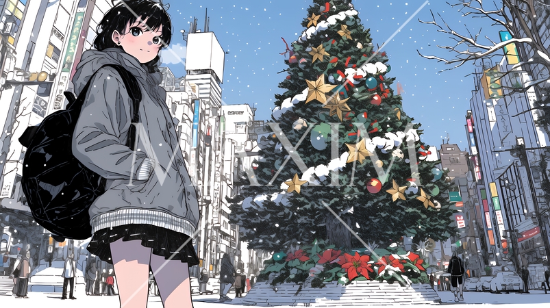 ホワイトクリスマスの街を歩く若い女性
