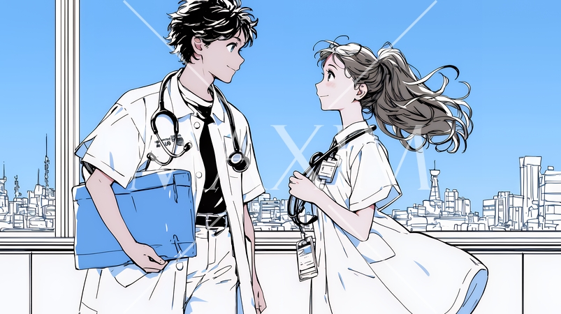 メディカルスタッフ：医師と看護師が打ち合わせ（シンプルな色使い）