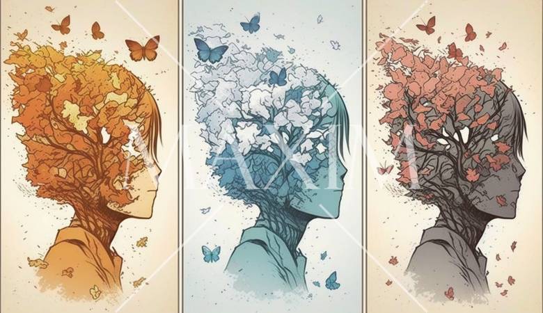 自我の目覚め：成長や変化の象徴として、花や木の成長、蝶の羽化などのシンボルで表現