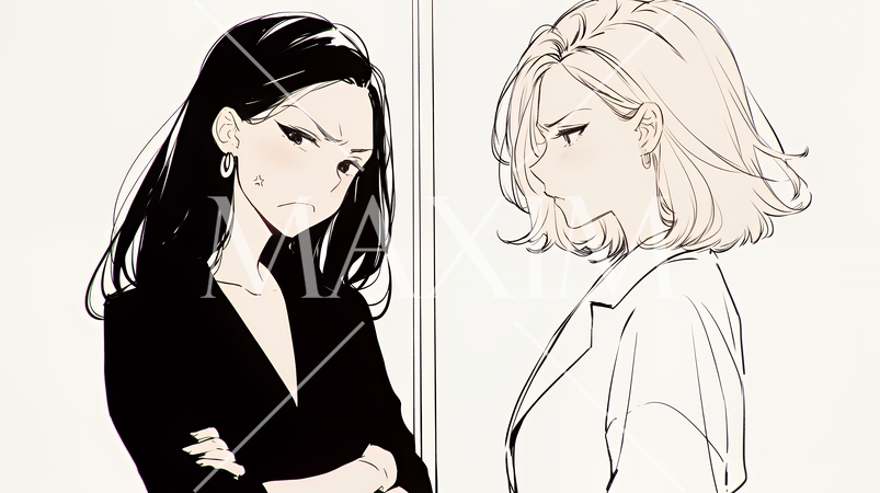 オフィスで言い争いをしているビジネスパーソン（シンプルな色使い）