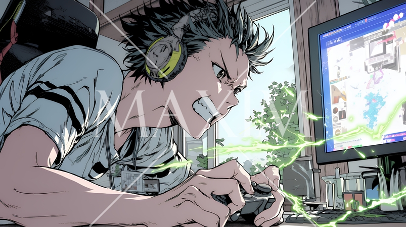 対戦型テレビゲームに没頭している若い男性