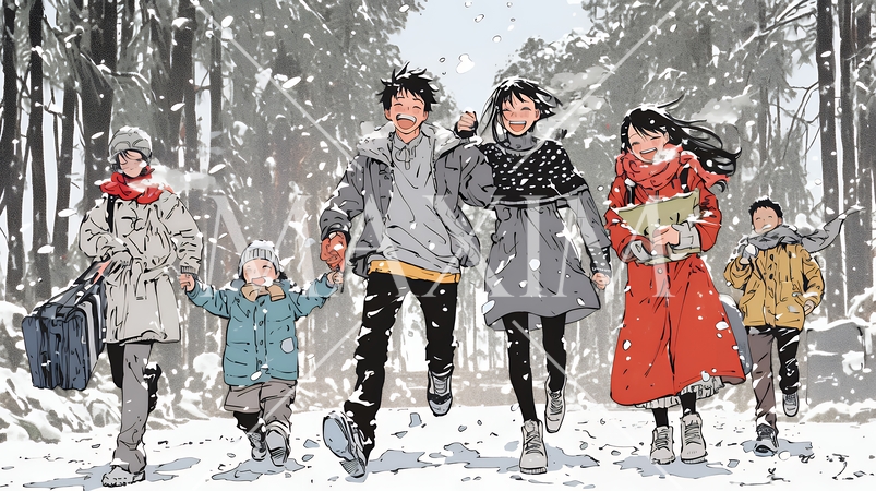 雪の日に家族で仲良く散歩に出かけている