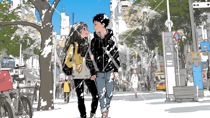 冬枯れ街をデートしている若い恋人たち