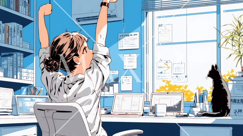 仕事の合間にストレッチ（伸び）をする女性