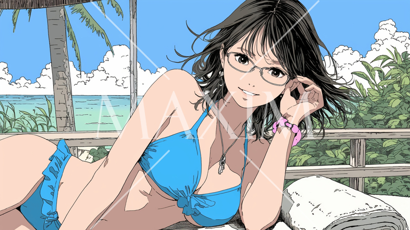 南国の海岸にビキニ姿でいる若い女性