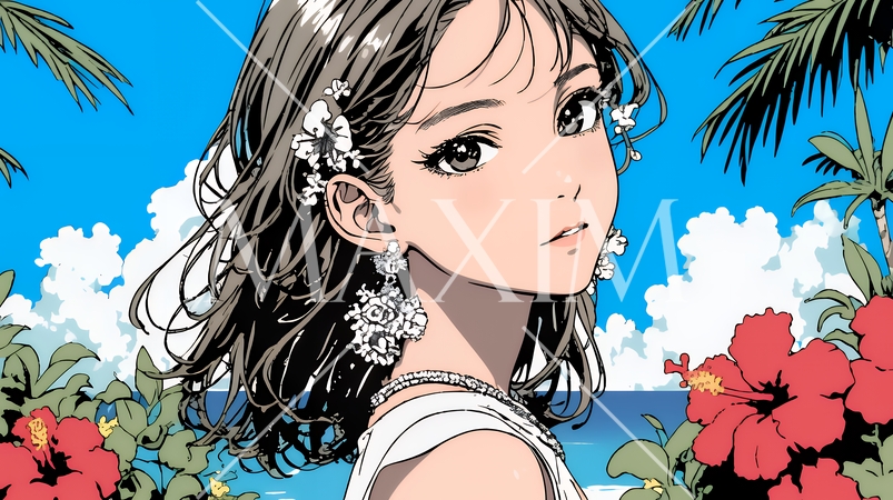 ハイビスカスと若い女性