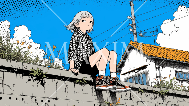 ブロック塀に腰掛けて仲間を待っている少女