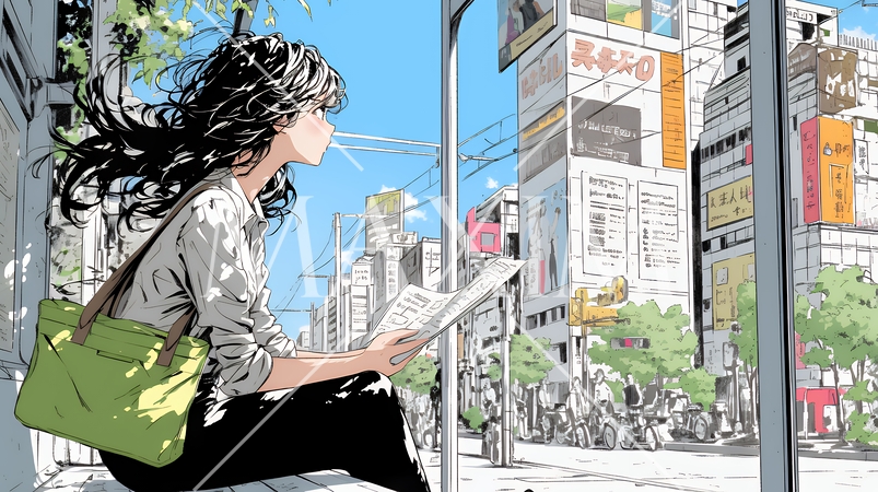 一人旅の旅先、街角で足を止めて道を確かめる若い女性