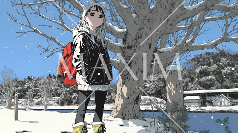 雪の積もる田舎道を歩いている若い女性