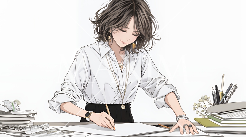 オフィスのデスクで、入念に書類をチェックする女性