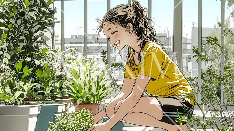 プランターの花に水やりをする若い女性｜ベランダガーデニングと自然を楽しむ爽やかな暮らしシーン