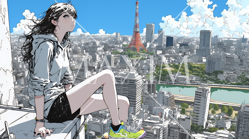 都市のランドスケープを眺めている若い女性