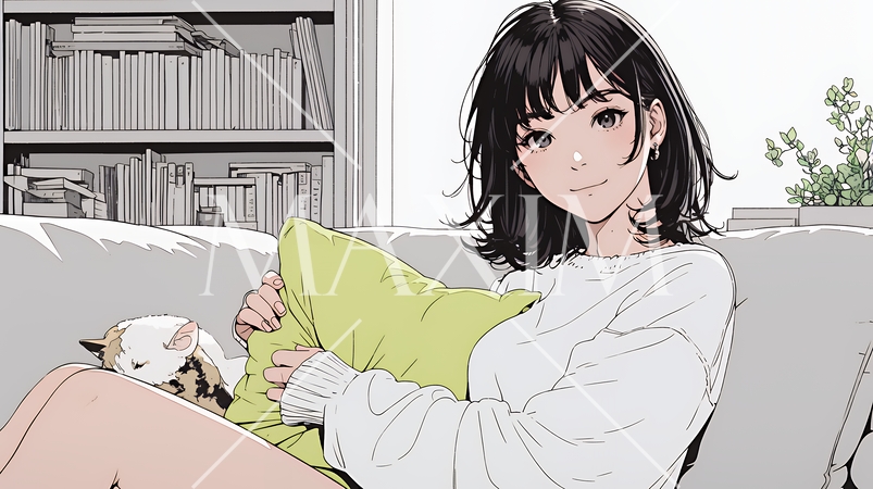 ソファでクッションを抱えてくつろぐ若い女性