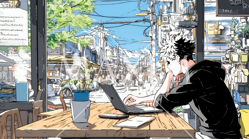 カフェでフリーランスや学生が仕事や勉強をしている