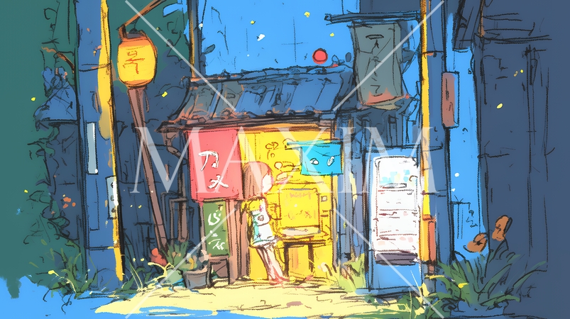 昭和の匂いがする昔ながらの飲み屋（クレヨンと水彩画風）