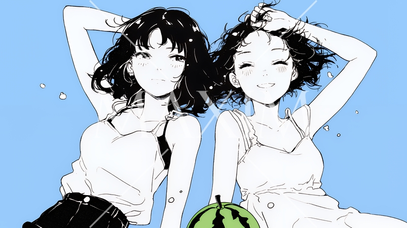 夏休みの思い出：友達と海水浴に行く（シンプルな色使い）