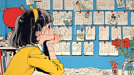 楽しい予定を考える女性｜カレンダーを見ながら計画を立てる若い女性のイラスト（イラストID:8635664-20468）