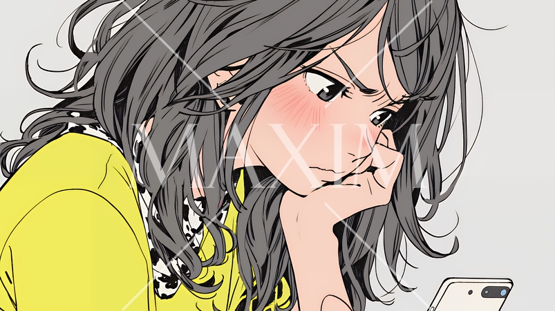 スマホでメールを読みながら唇を噛んでいる神経質な女性。表情には怒りと不安が漂っている。