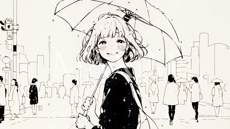 雨の日に傘をさして歩く若い女性（シンプルな色使い）