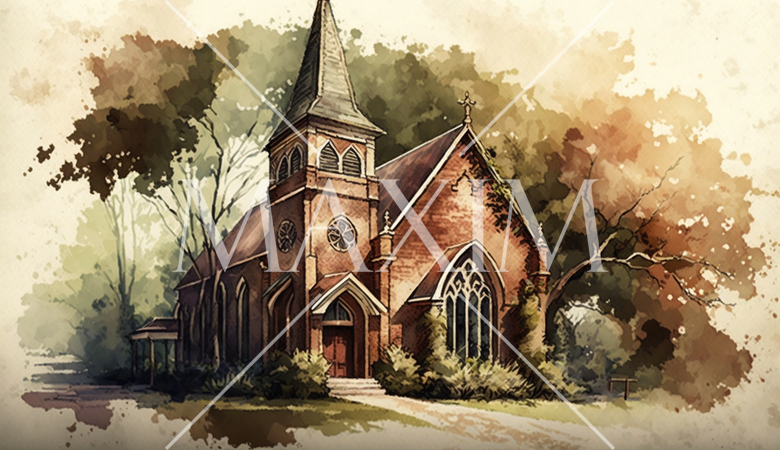 山間に建つ教会（チャペル）の水彩画