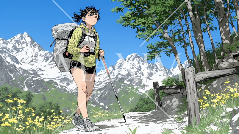 ソロハイキング（ソロ登山）を楽しんでいる若い女性