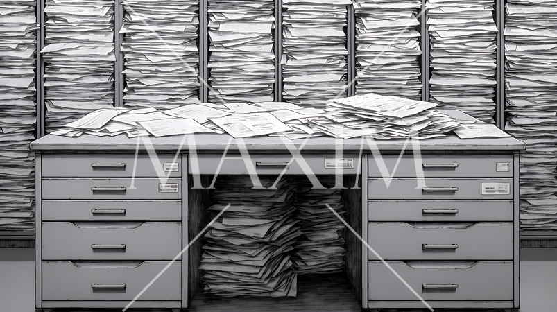 机の上に書類が山のように積まれている：書類整理ができていない状態