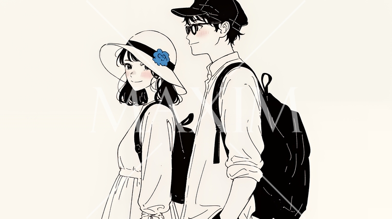 希望に満ちたライフスタイルを過ごす若いカップル：未来を見つめている（シンプルな色使い）