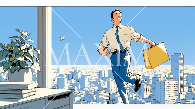 定時退社で帰宅を喜ぶ会社員｜ワークライフバランスと働き方改革のビジネスイメージ