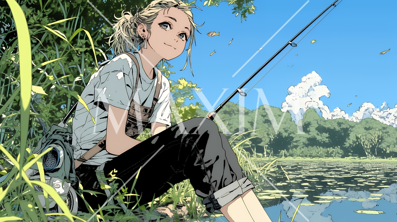 岸から魚釣りを楽しむ若い女性｜渓流・自然・アウトドア・ライフスタイル