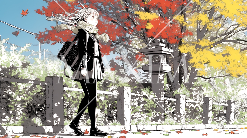 紅葉の小径を歩く若い女性