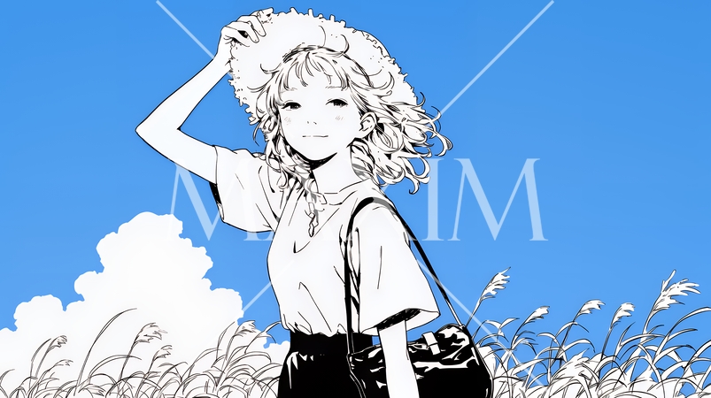 春風に飛ばされそうな帽子を、手で押さえる若い女性（シンプルな色使い）