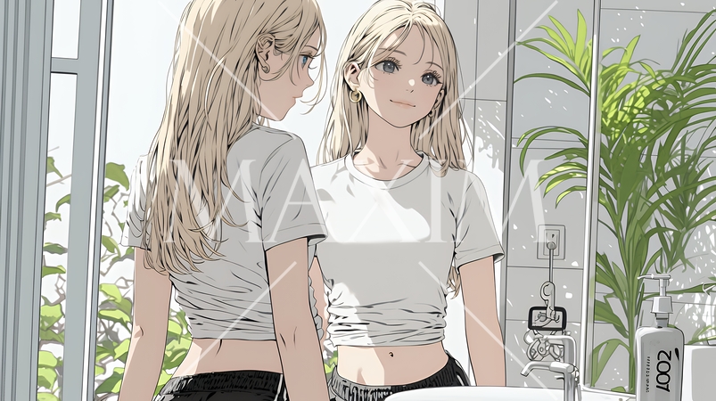 ウェストライン（腰回り）をチェックしている女性