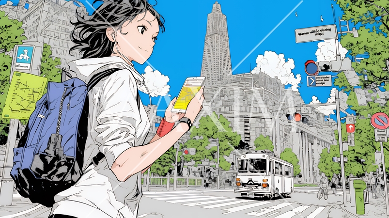 スマホの地図アプルを頼りに目的地に向かって歩いている女性：歩きスマホ