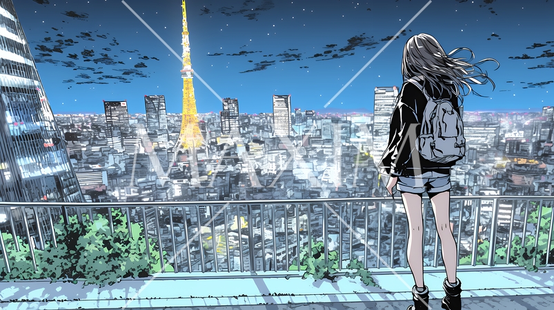 都市の夜景を眺めている女性