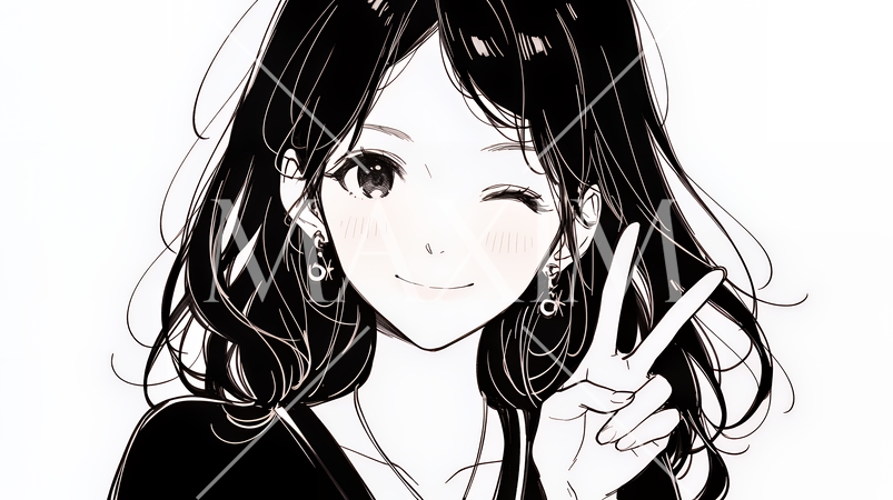 アイドルのように顔の横でピース＋ウィンクしている若い女性（シンプルな色使い）